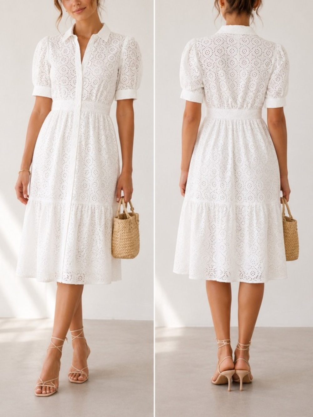 BA&SH Selya White Eyelet Cotton Broderie Anglaise Cottagecore Midi Shirt Dress